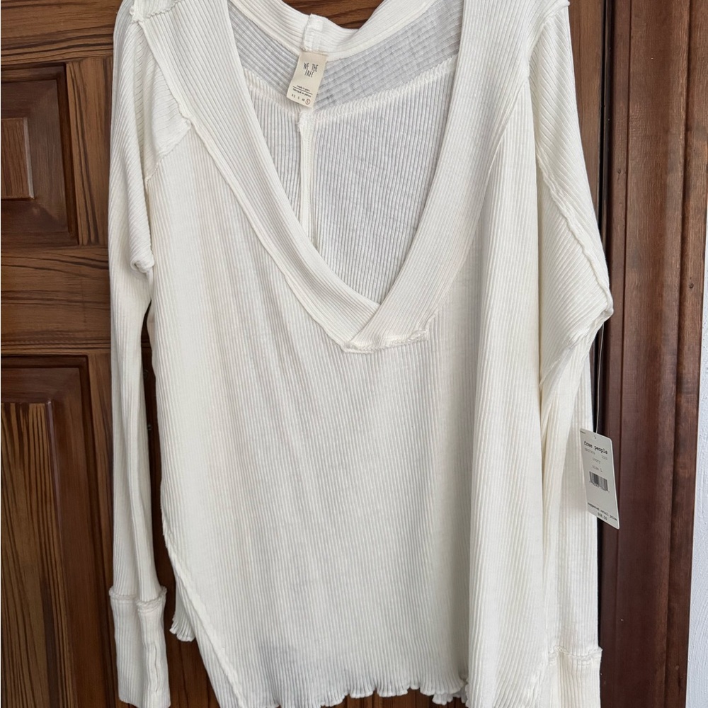 Free People We The Free Cream Oceanview V-Neck Ribbed Long Sleeve Blouse